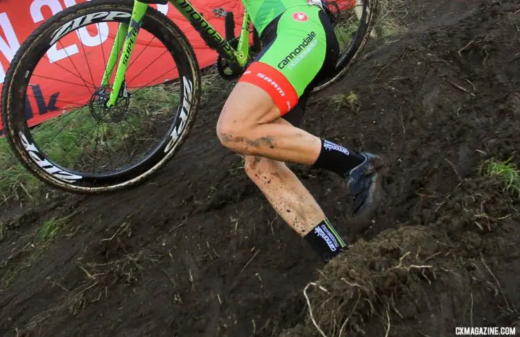 Kaitie Keough provides some perspective on how deep some of the ruts were. 2017 Bogense UCI Cyclocross World Cup. © B. Hazen / Cyclocross