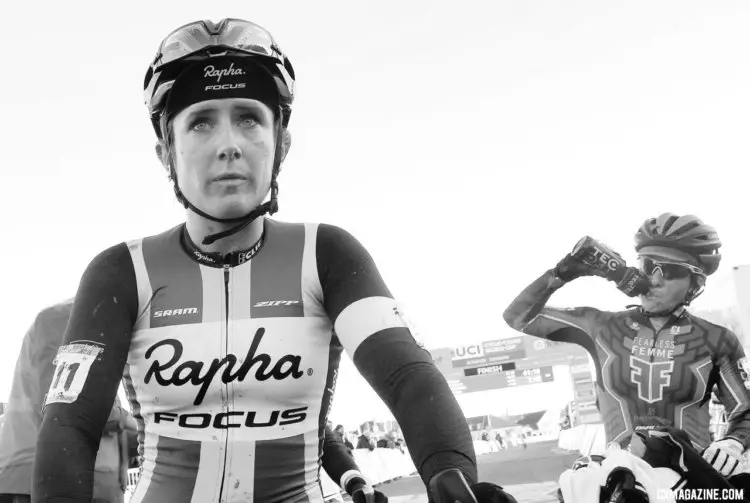 Ellen Noble (Aspire Racing) and Arley Kemmerer (Fearless Femme Racing) get ready for the Women's Elite race. 2017 Bogense UCI Cyclocross World Cup. © B. Hazen / Cyclocross Magazine