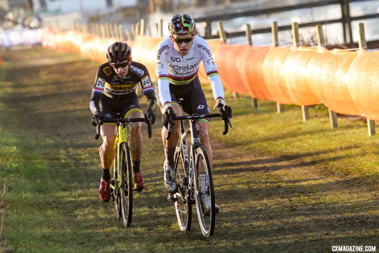 Wout van Aert (Crelan-Charles) and Lars van der Haar (Telenet Fidea Lions) found themselves riding together again. 2017 Bogense UCI Cyclocross World Cup. © B. Hazen / Cyclocross Magazine