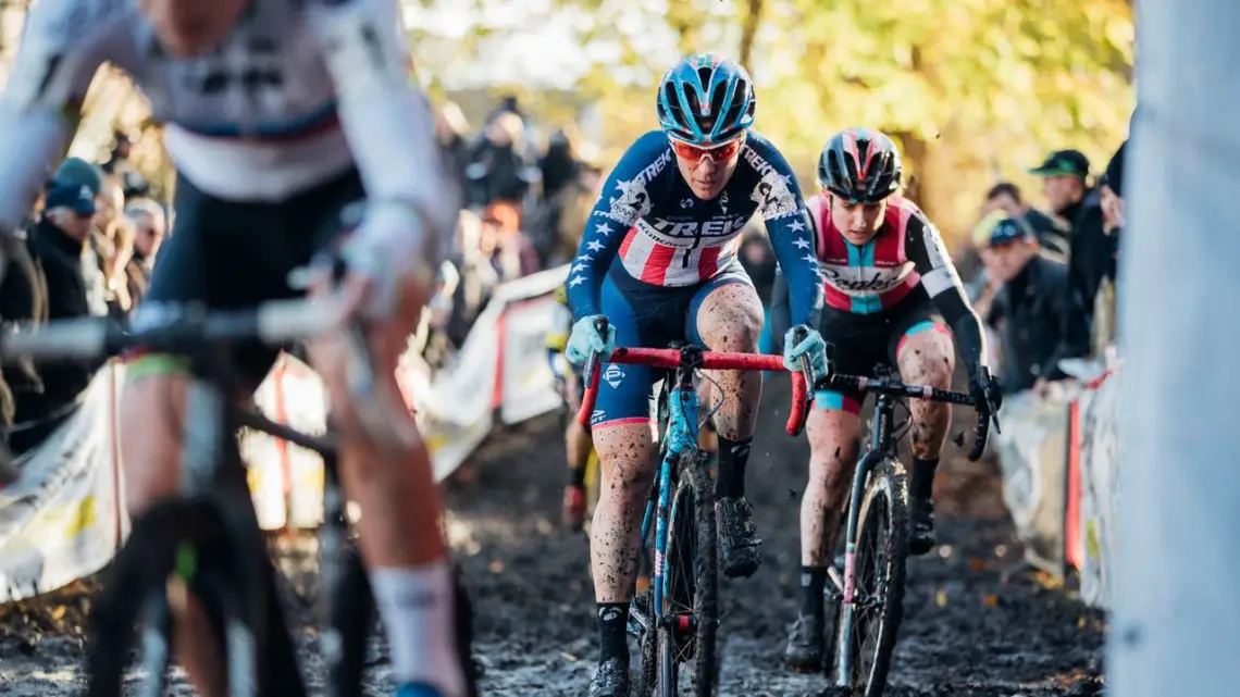 Katie Compton and Ellen Noble eye up their paths through the mud. 2017 Flandriencross. © J. Curtes / Cyclocross Magazine
