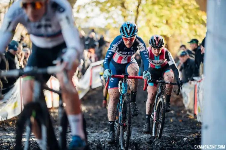 Katie Compton and Ellen Noble eye up their paths through the mud. 2017 Flandriencross. © J. Curtes / Cyclocross Magazine