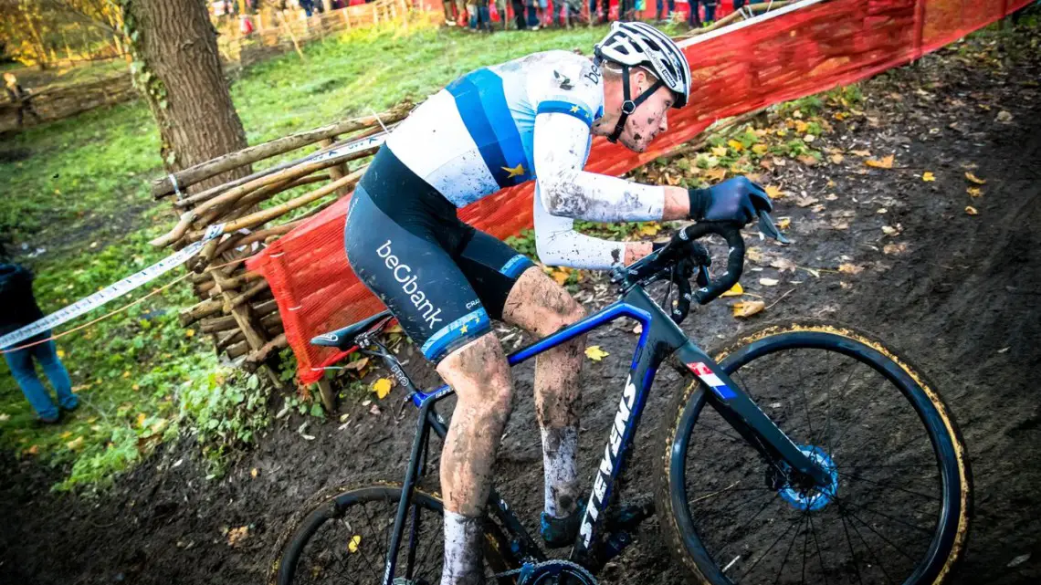 Mathieu van der Poel took control of the race early and save one fall, was smooth through the corners on the muddy course. 2017 Flandriencross. © J. Curtes / Cyclocross Magazine