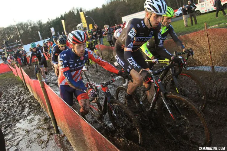 Stephen Hyde got caught in traffic after a scrum in the first turn. Elite Men, 2017 Zeven UCI Cyclocross World Cup. © B. Hazen / Cyclocross Magazine