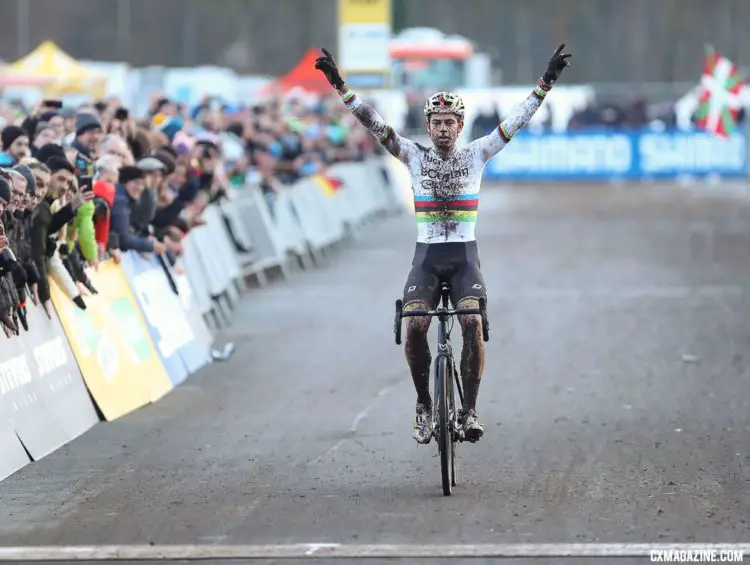 Wout van Aert celebrates his Zeven win. 2017 Zeven UCI Cyclocross World Cup. © B. Hazen / Cyclocross Magazine