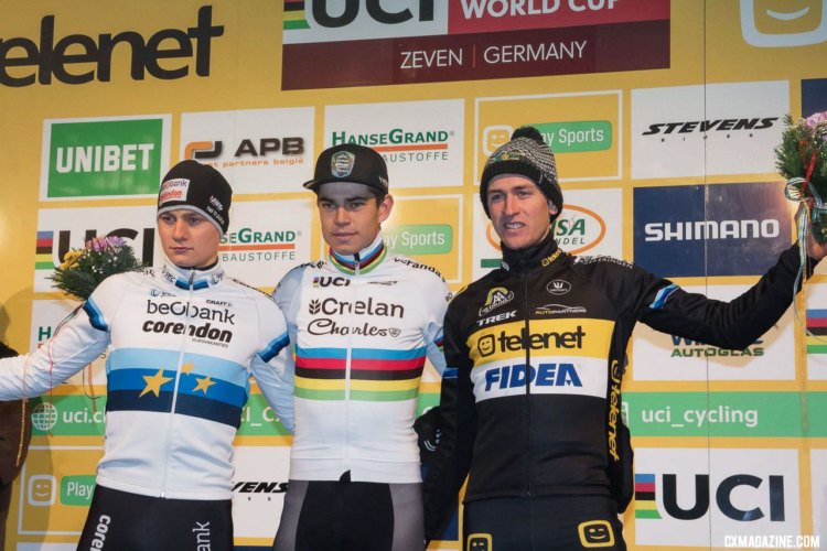 Men's podium: Wout van Aert, Mathieu van der Poel, Toon Aerts. Elite Men, 2017 Zeven UCI Cyclocross World Cup. © B. Hazen / Cyclocross Magazine