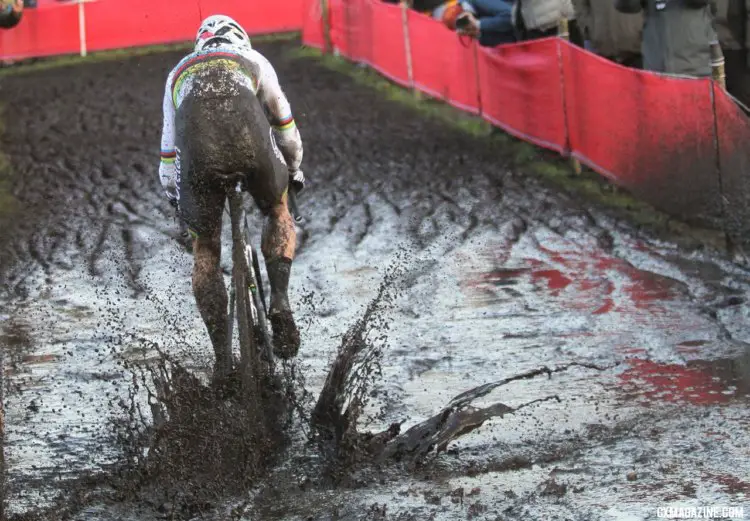 Wout van Aert had his choice of lines through the puddles after going solo early in the race. Elite Men, 2017 Zeven UCI Cyclocross World Cup. © B. Hazen / Cyclocross Magazine