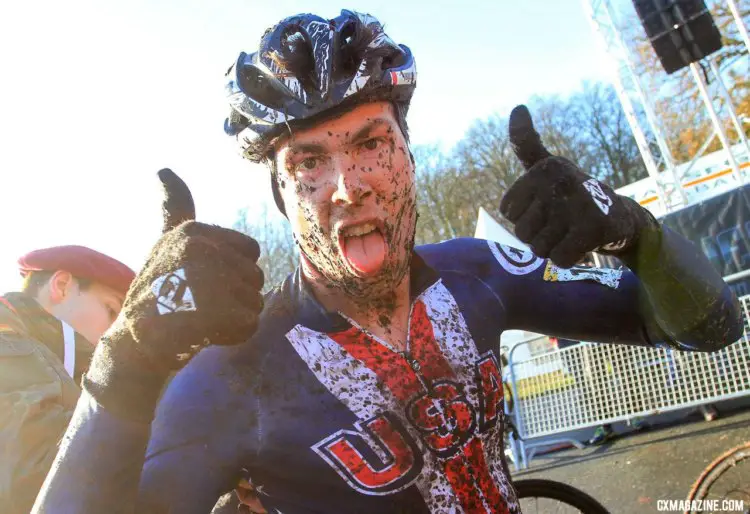 Maxx Chance was still in a good mood after his muddy afternoon. U23 Men, 2017 Zeven UCI Cyclocross World Cup. © B. Hazen / Cyclocross Magazine