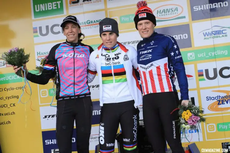 Women's podium: Sanne Cant, Helen Wyman and Katie Compton. 2017 World Cup Zeven. © B. Hazen / Cyclocross Magazine
