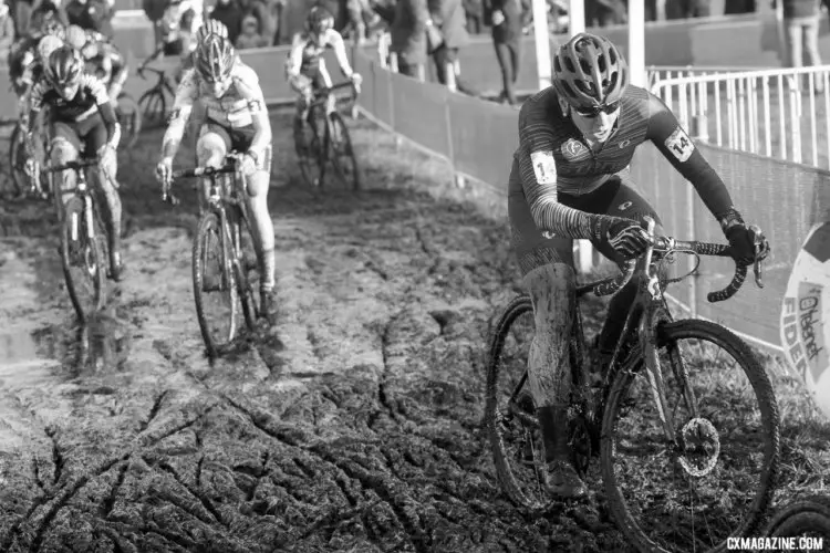 Rebecca Fahringer blasts through one of the many muddy sections on the course. 2017 Zeven UCI Cyclocross World Cup. © B. Hazen / Cyclocross Magazine