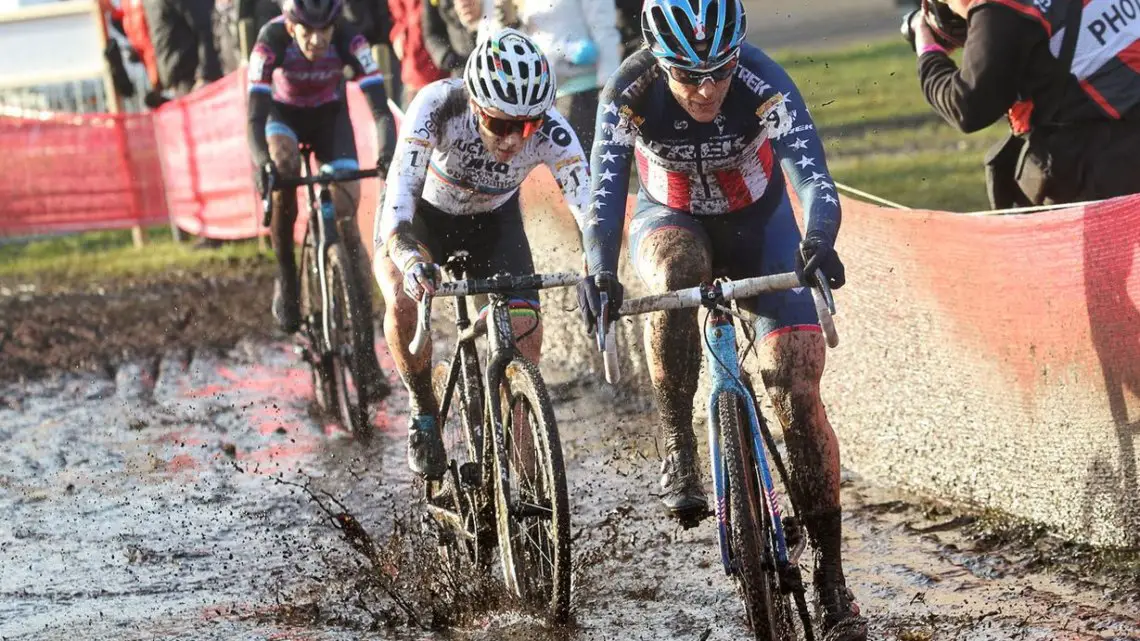 Katie Compton and Sanne Cant battled for position during the fourth lap before Cant got away. 2017 World Cup Zeven. © B. Hazen / Cyclocross Magazine