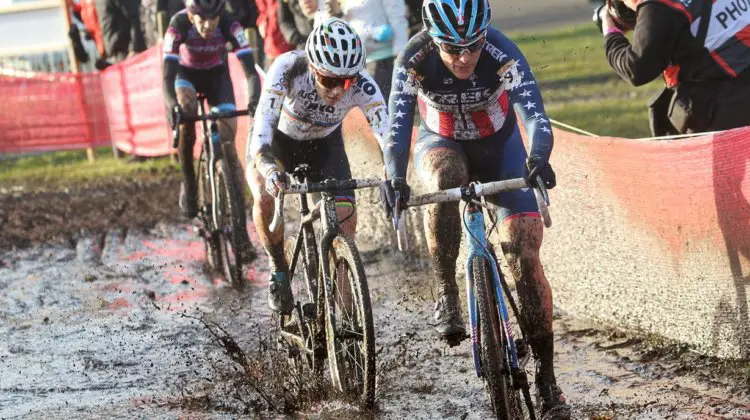 Katie Compton and Sanne Cant battled for position during the fourth lap before Cant got away. 2017 World Cup Zeven. © B. Hazen / Cyclocross Magazine