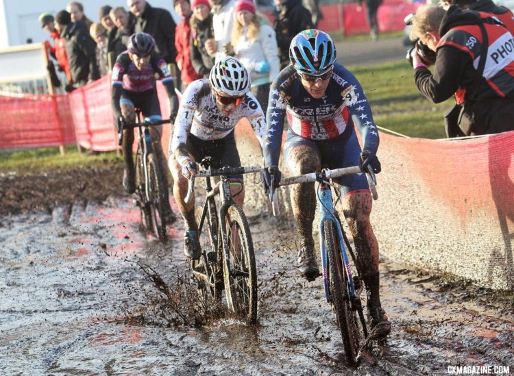 Katie Compton and Sanne Cant battled for position during the fourth lap before Cant got away. 2017 World Cup Zeven. © B. Hazen / Cyclocross Magazine
