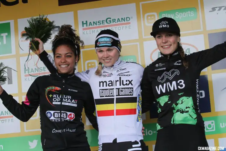 Women's U23 podium: Laura Verdonschot, Ceylin del Carmen Alvarado and Yara Kastelijn. 2017 World Cup Zeven. © B. Hazen / Cyclocross Magazine