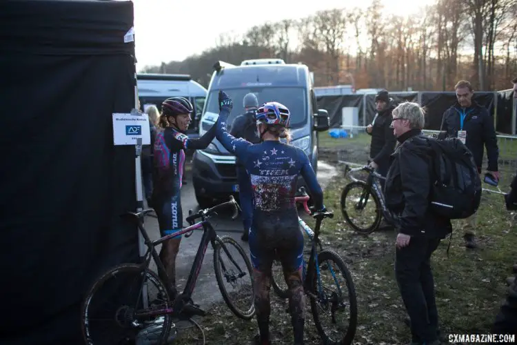 Helen Wyman and Katie Compton share a high five after their battle. © B. Hamvas / Cyclocross Magazine