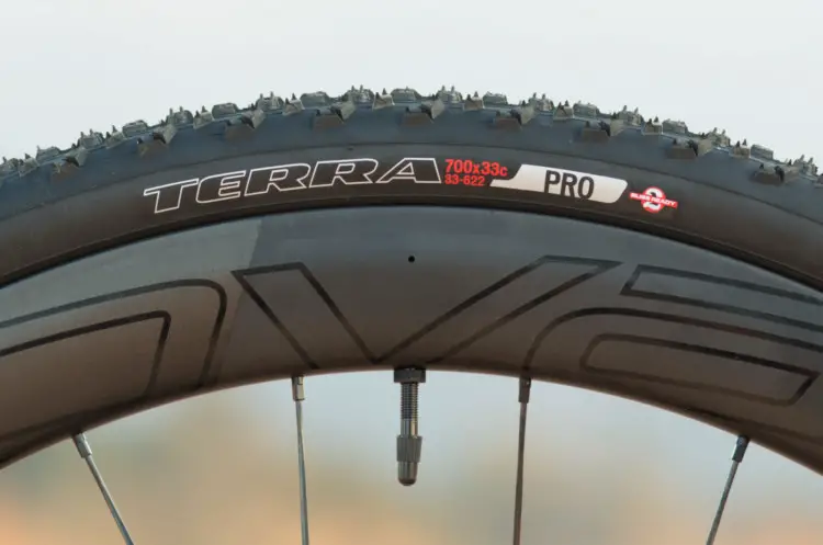 The 2018 Specialized S-Works CruX cyclocross bike comes with $2,400 Roval CLX 50 1,415g (list) carbon wheels and the company's first-generation Terra tubeless tires. Both are capable products, but for the ultimate in low-pressure tubeless reliability, we'd opt for a different internal rim profile. Perhaps trade them for the Roval Control SL 29 hoops, which are 95g lighter and $500 cheaper (but you'll need 12mm front hub caps). © Cyclocross Magazine