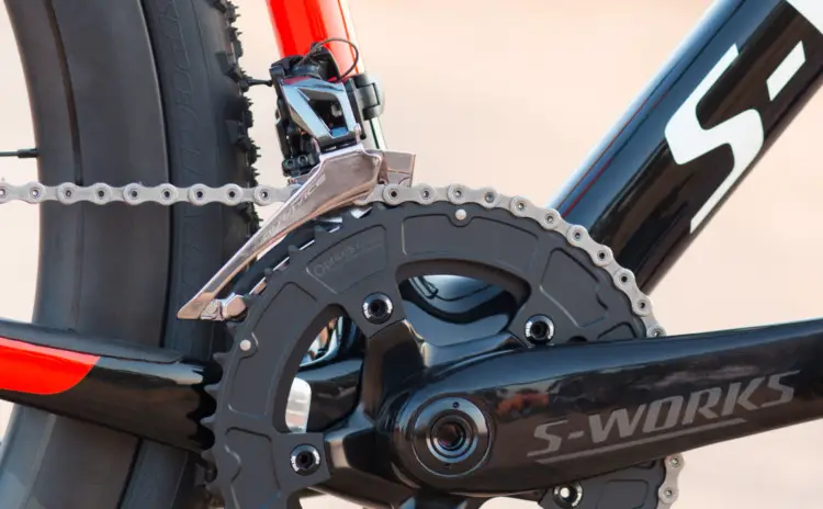 The S-Works crankset with carbon fiber spider matches the frame, and paired with Praxis rings, shifts well while shedding grams. 2018 Specialized S-Works CruX cyclocross bike, with Shimano Dura-Ace 9100. © Cyclocross Magazine