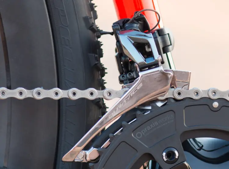 The Dura-Ace 9100 front derailleur has been redesigned to eliminate the long arm that would rub against bigger tires. 2018 Specialized S-Works CruX cyclocross bike, with Shimano Dura-Ace 9100. © Cyclocross Magazine