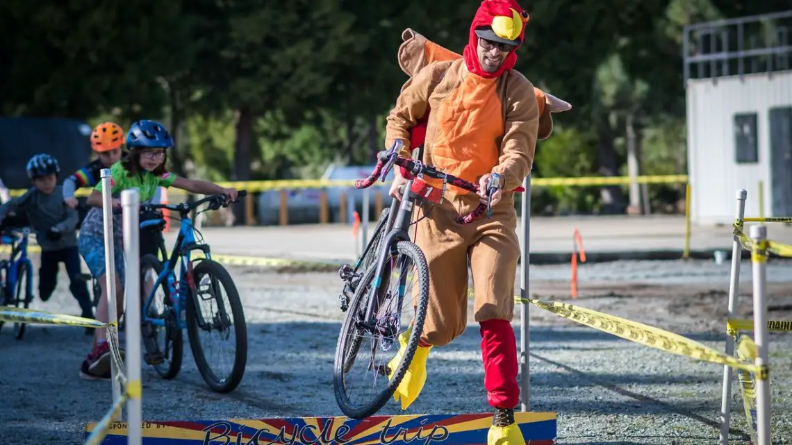 The kids hunt down the turkey at Turkey Cross. 2017 Surf City Cyclocross, Calfire Training Facility. © J. Vander Stucken