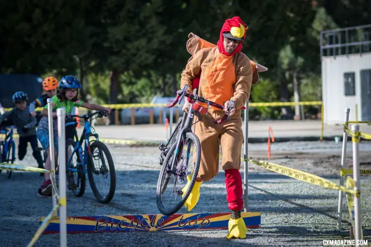 The kids hunt down the turkey at Turkey Cross. 2017 Surf City Cyclocross, Calfire Training Facility. © J. Vander Stucken