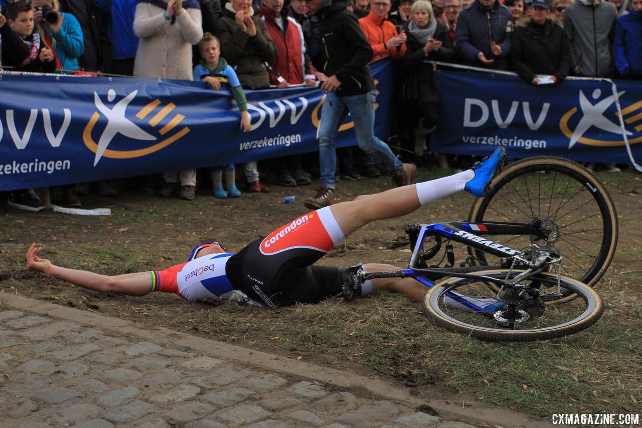 Mathieu van der Poel put in a full effort on Wednesday and collapsed at the finish line. 2017 Men's Koppenbergcross. © B. Hazen / Cyclocross Magazine