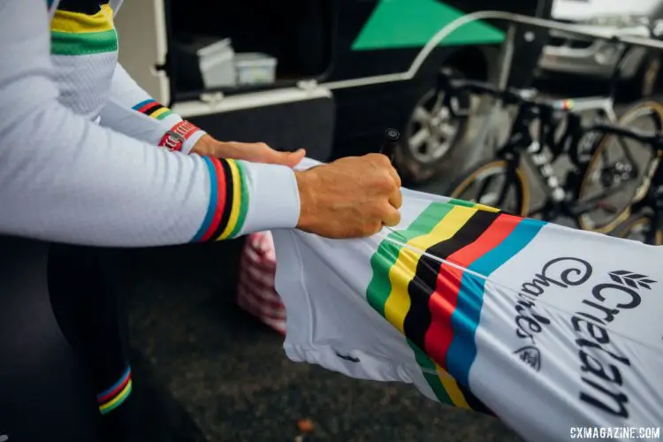 Wout van Aert gets his very clean jersey ready. Cleanliness did not last long on the muddy Zeven course. 2017 World Cup Zeven Course Inspection. © J. Curtes / Cyclocross Magazine