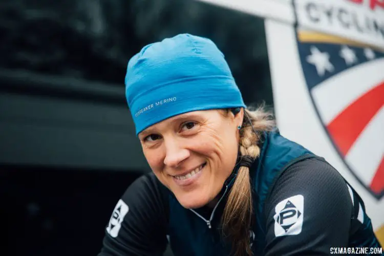 Katie Compton cracks a smile on Friday. She is looking for another podium at Zeven this year. 2017 World Cup Zeven Course Inspection. © J. Curtes / Cyclocross Magazine
