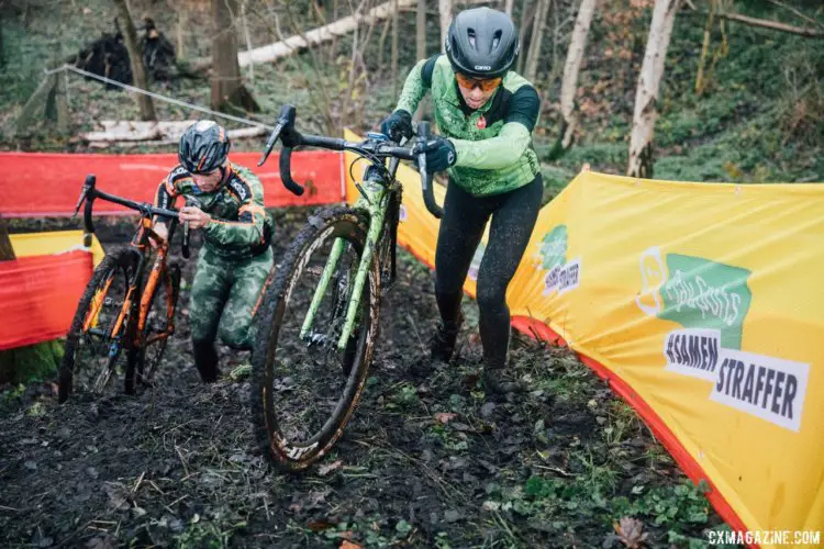 Kaitie Keough heads up a steep, muddy runup. 2017 World Cup Zeven Course Inspection. © J. Curtes / Cyclocross Magazine