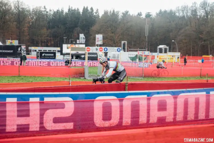 Wout van Aert in the maze of snow fencing. 2017 World Cup Zeven Course Inspection. © J. Curtes / Cyclocross Magazine