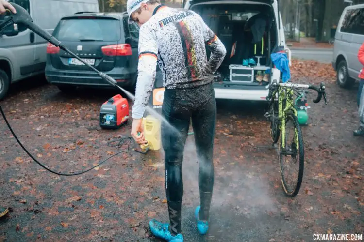 A little power washing for the bikes and the riders. 2017 World Cup Zeven Course Inspection. © J. Curtes / Cyclocross Magazine