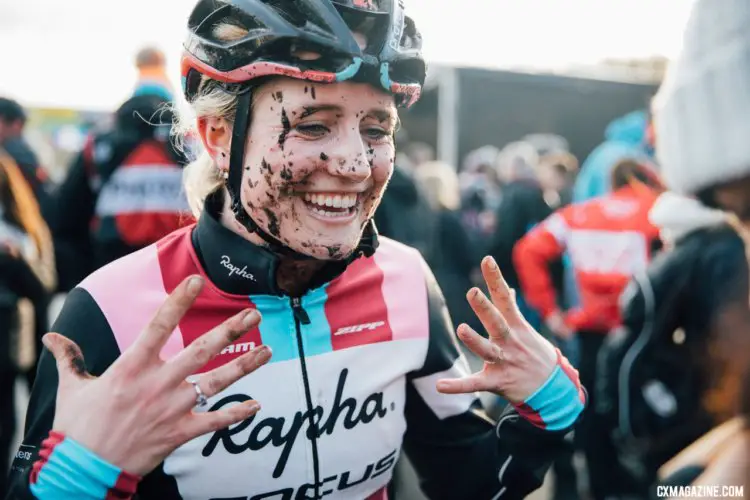 After a tough day on a bike, Ellen Noble is still all smiles after clawing back to 18th. Elite Women, 2017 Zeven UCI Cyclocross World Cup. © J. Curtes / Cyclocross Magazine
