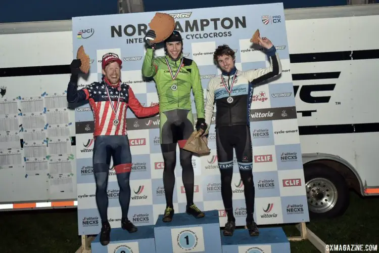 Men's podium: White, Hyde, Kisseberth, cookie. 2017 Northampton International Day 1. © Chris McIntosh