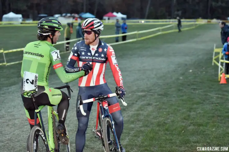 Teammates Curtis White and Stephen Hyde congratulate each other after their battle. 2017 Northampton International Day 1. © Chris McIntosh