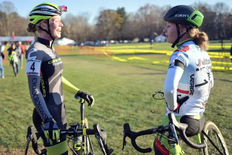 Teammates Ruby West and Emma White chat after their tight battle on Sunday. 2017 Northampton International Day 2. © Chris McIntosh