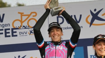 Helen Wyman with the famed Koppenberg cobble trophy. 2017 Women's Koppenbergcross. © B. Hazen / Cyclocross Magazine