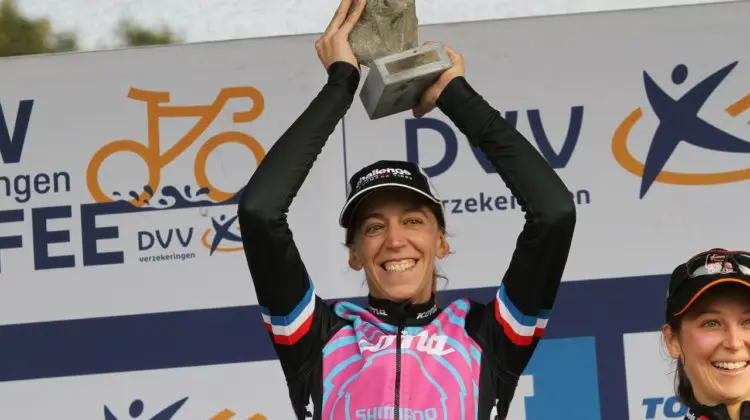 Helen Wyman with the famed Koppenberg cobble trophy. 2017 Women's Koppenbergcross. © B. Hazen / Cyclocross Magazine