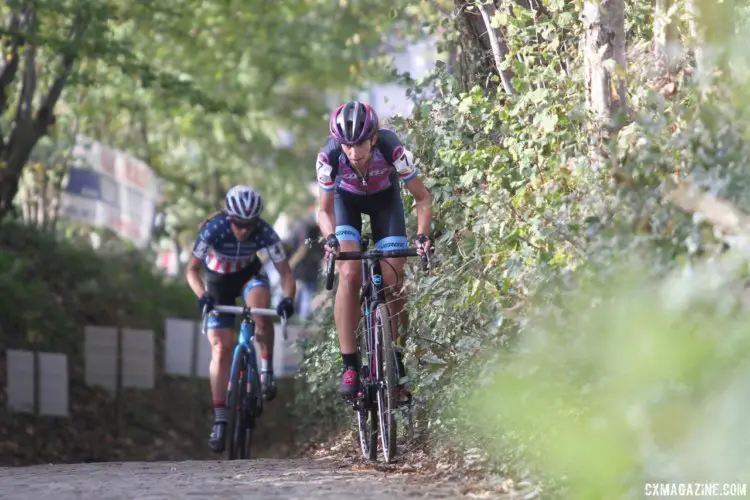 It took a few laps, but Helen Wyman finally escaped on a climb of the famed cobbles. 2017 Women's Koppenbergcross. © B. Hazen / Cyclocross Magazine