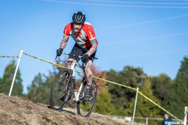 A C Men's racer hits the first off camber before the first singletrack in the woods. 2017 Surf City CX Turkey Cross, Calfire Training Facility. © J. Vander Stucken