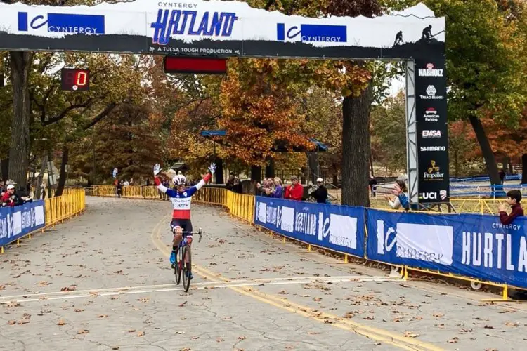 Caroline Mani celebrates her win. 2017 Cyntergy Hurtland. photo: Propeller Communications