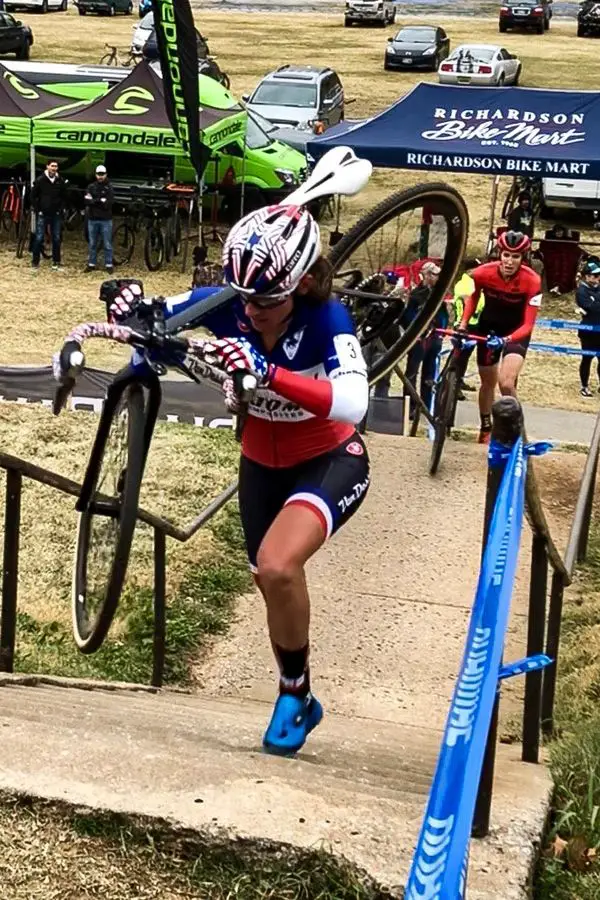 Caroline Mani leads the way up a set of stairs on the Hurtland course. 2017 Cyntergy Hurtland. photo: Propeller Communications