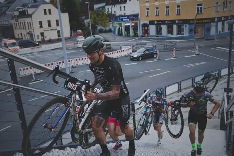 Stairs were another feature on the course. 2017 Cyclocross Eliminator, Reichenbach, Germany. © Vogtland Bike e.V.