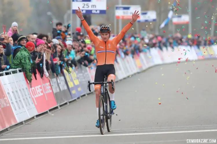 Mathieu van der Poel celebrates his win. 2017 European Championships, Tabor. © B. Hazen / Cyclocross Magazine