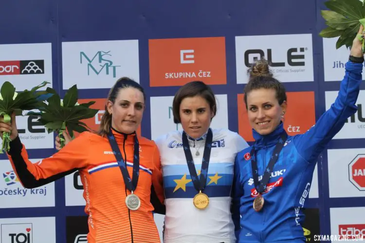 Women's podium: Cant, Brand, Arzuffi. 2017 European Championships, Tabor. © B. Hazen / Cyclocross Magazine