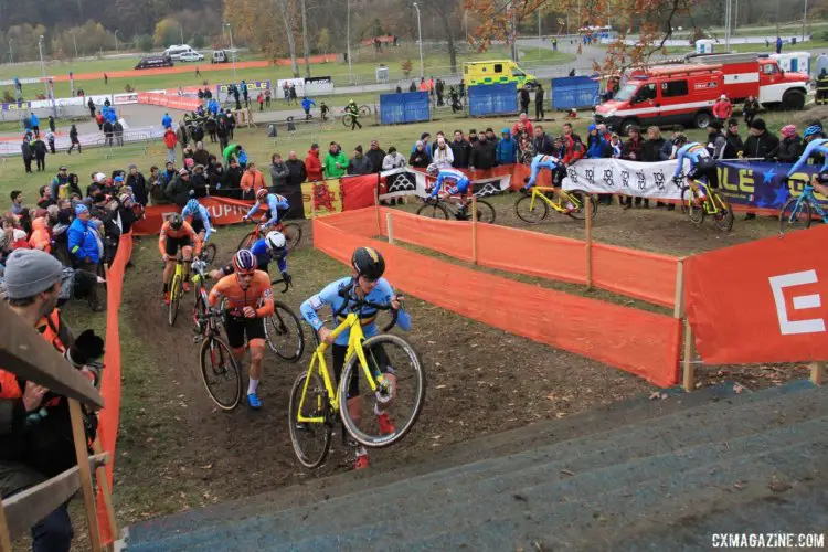 Riders hit the flyover. 2017 European Championships, Tabor. © B. Hazen / Cyclocross Magazine