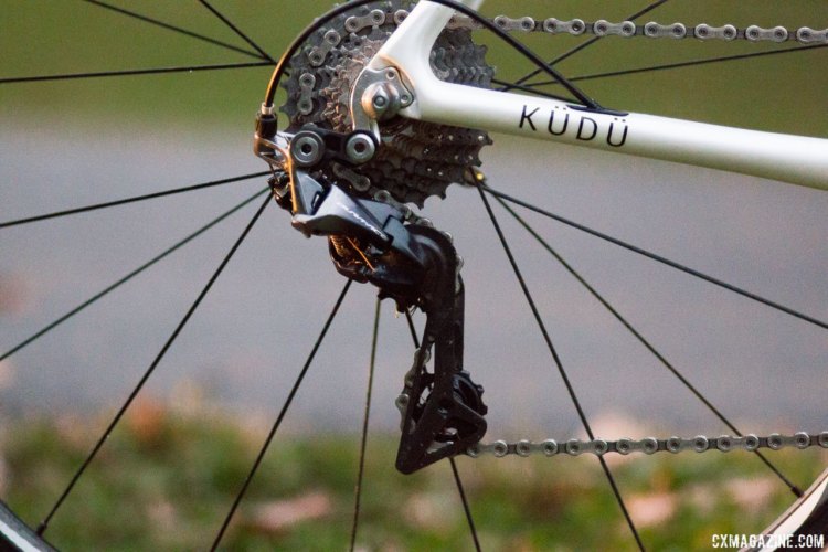 Shimano produces one cage length for Dura-Ace, with a maximum capacity of 35 teeth. Jonathan Page's KindHuman Kudu cyclocross bike. © Cyclocross Magazine