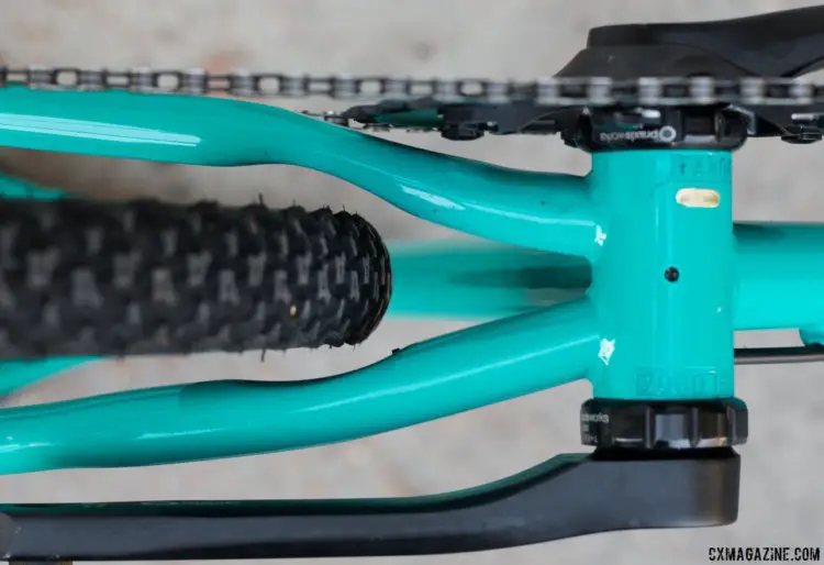 The 68mm threaded bottom bracket requires the stays to be bowed for tire clearance. The bridgeless design helps. Note the BB drain hole. The new Ritchey steel Outback. © Cyclocross Magazine