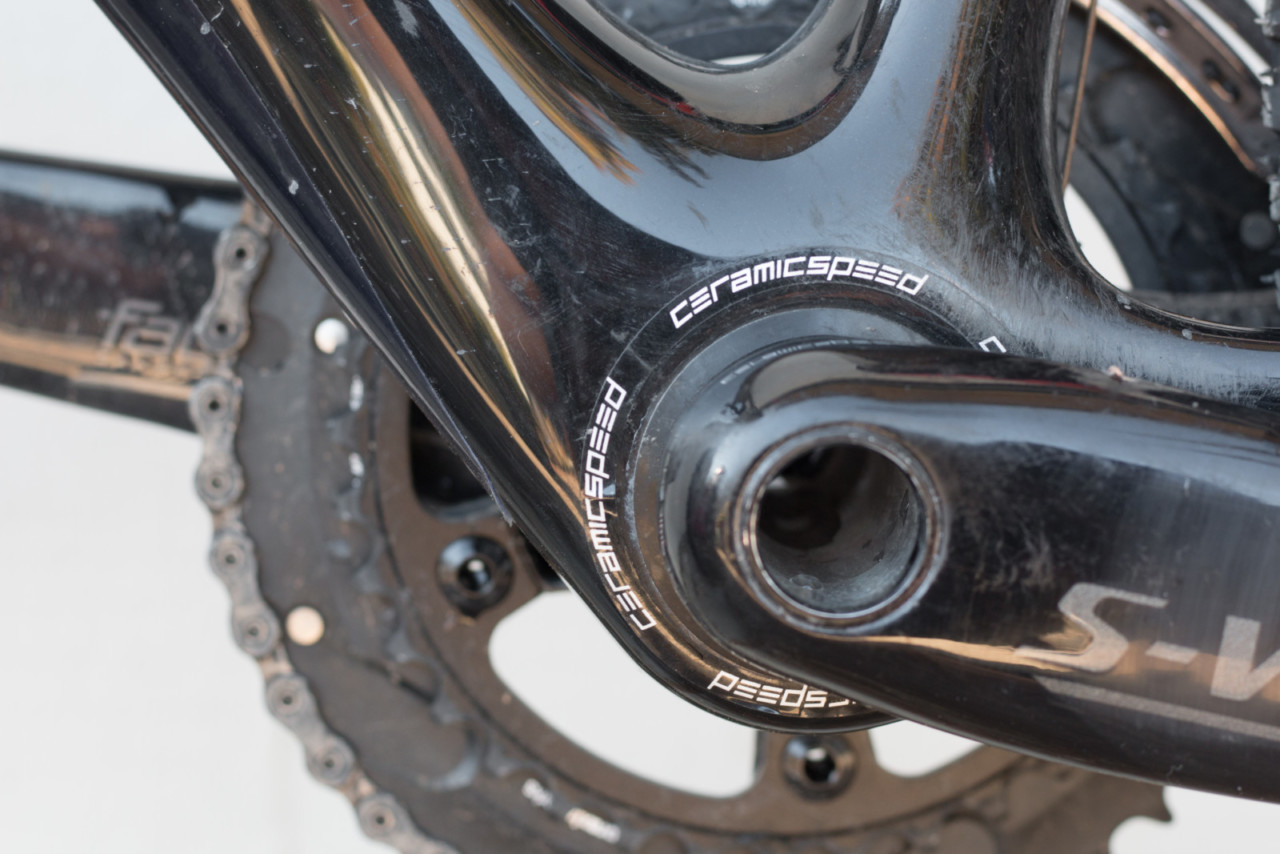 Specialized sticks with its version of BB30, called OSBB, at the bottom bracket, and the S-Works model gets Ceramicspeed bearings. 2018 Specialized S-Works CruX cyclocross bike, with Shimano Dura-Ace 9100. © Cyclocross Magazine