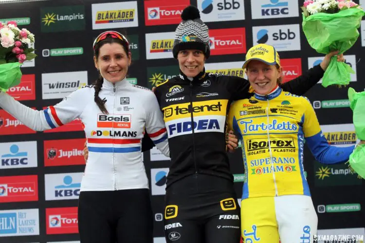 Women's podium: Van Loy, Brammeier, Van de Steene. 2017 Superprestige Gavere. © B. Hazen / Cyclocross Magazine