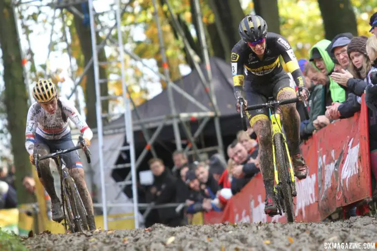 Brammeier and Van Loy had an epic, muddy battle on Sunday. 2017 Superprestige Gavere. © B. Hazen / Cyclocross Magazine