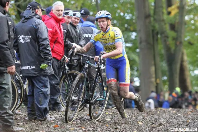 Kim van de Steene moved into a solo third after Cant's crash. 2017 Superprestige Gavere. © B. Hazen / Cyclocross Magazine