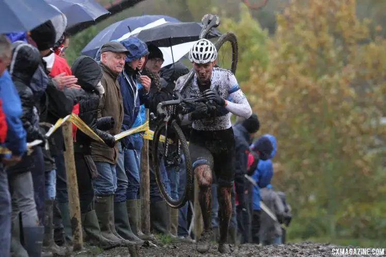 Van der Poel found himself doing unfortunate running after a last-lap mechanical. 2017 Superprestige Gavere. © B. Hazen / Cyclocross Magazine